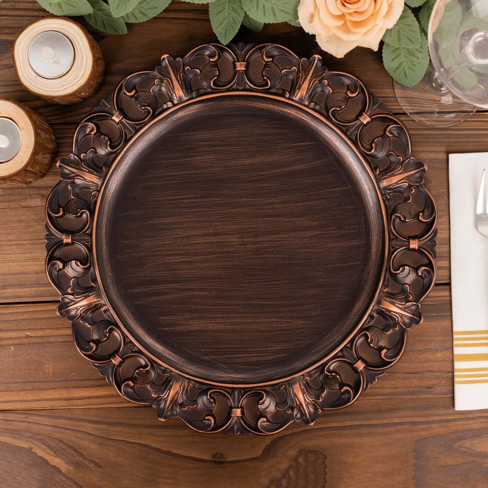 6-Pack Acrylic Charger Plates 13" Round Dark Brown with Aristocrat Retro Baroque Rim - Ornate Plastic Decorative Chargers - Image 5