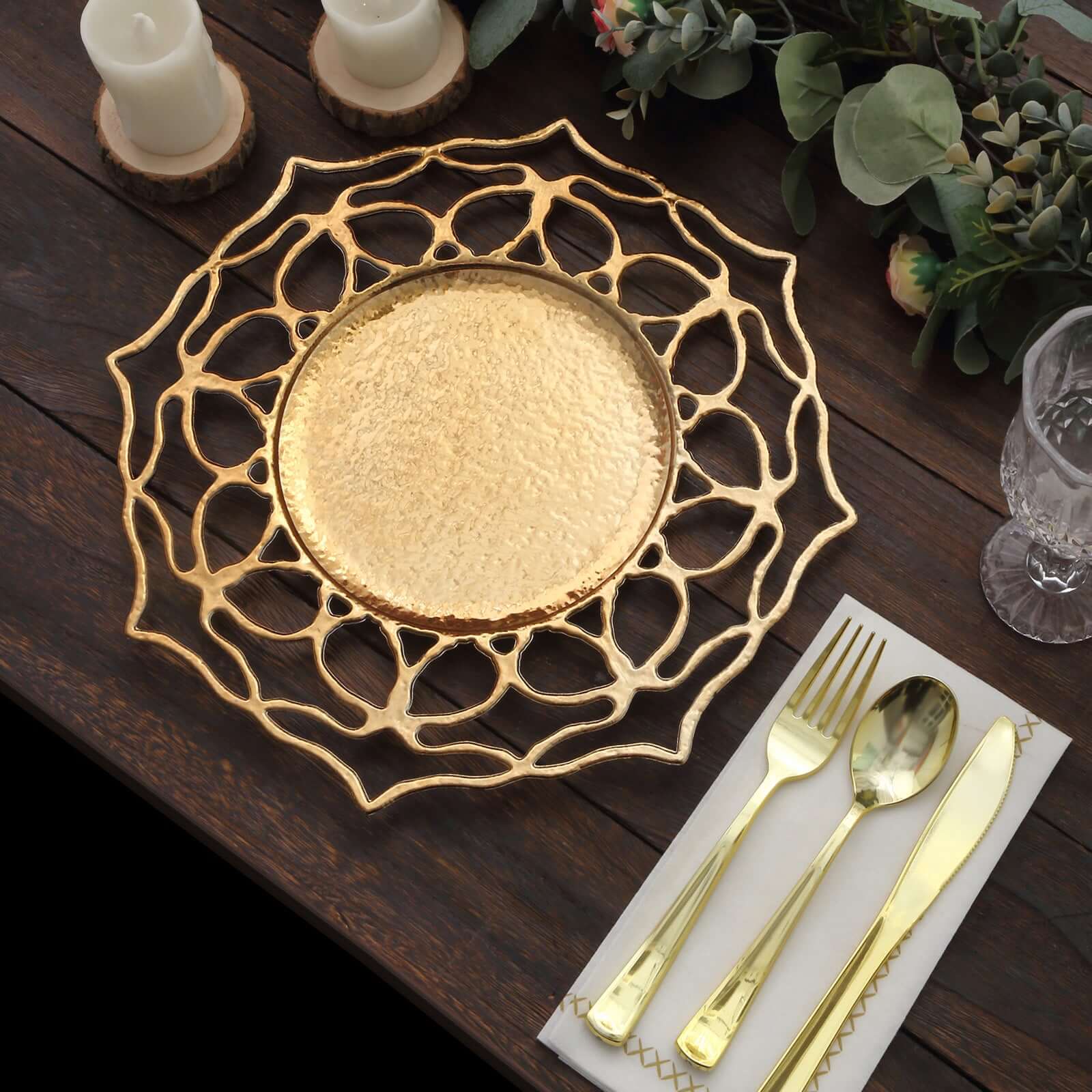 6-Pack Acrylic Charger Plates 13" Round Gold Floral Cutout Design - Hollow Flower Plastic Decorative Dinner Party Charger Tableware - Image 4